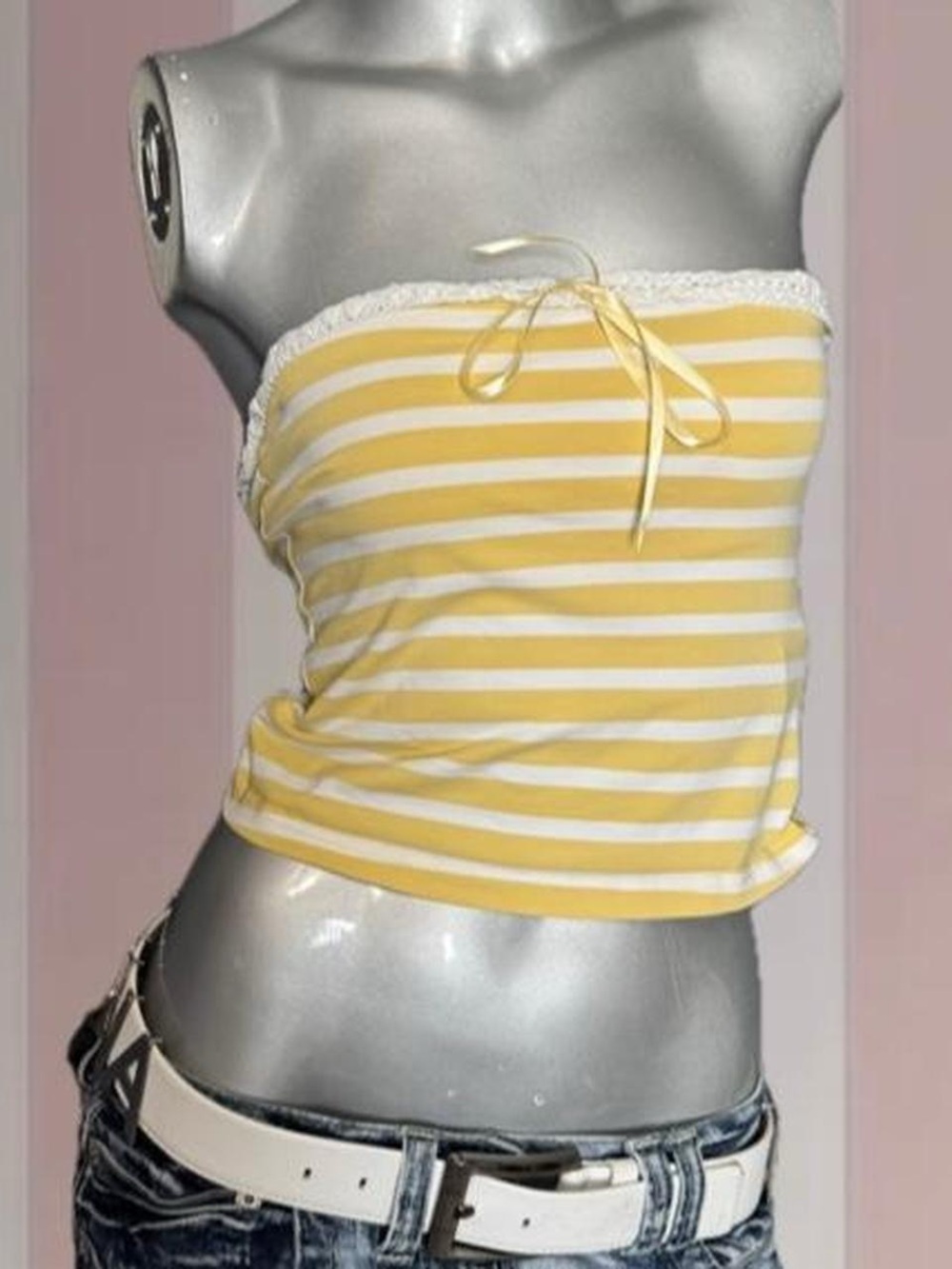 Kimchi Blue UO Yellow and white striped tube top with lace trim and bow detail